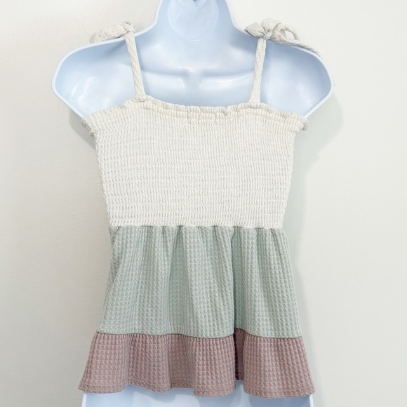 ALTAR’D STATE Colorblock Smocked Waffle Knit Tie Shoulder Babydoll Top Small - Picture 2 of 6